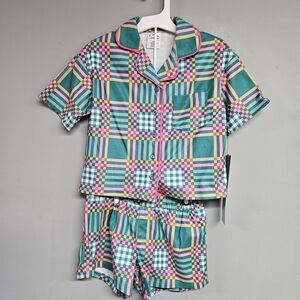 Kids Girls Xs 4/5 Fleece Pajama Set Checkered- Green & Pink Short Sleeve Shorts